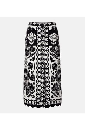 FARM Rio Black and White Floral Knit Midi Skirt